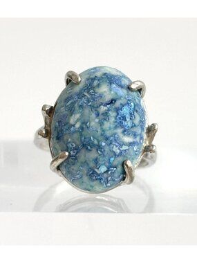Swirl Blue agate Natural Oval Cabochon Sterling Silver 925 Vintage Ring - sz 6.5